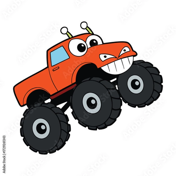 Fototapeta A colorful cartoon monster truck soars high in the air, wheels spinning, dirt flying, capturing the thrill of an epic jump full of fun and action-packed excitement!
