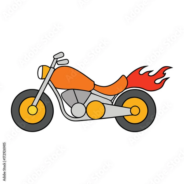Fototapeta A sleek motorcycle captured from the side, its wheels ablaze with fiery flames, racing forward with power, speed, and unstoppable energy in a dynamic, bold style.
