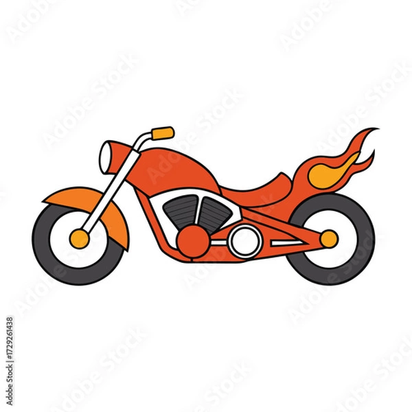 Fototapeta A sleek motorcycle captured from the side, its wheels ablaze with fiery flames, racing forward with power, speed, and unstoppable energy in a dynamic, bold style.
