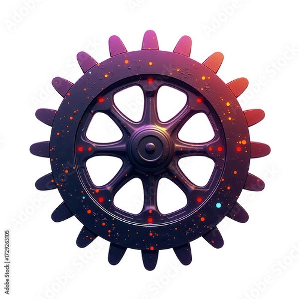 Fototapeta Intricate metallic gear wheel design with a vibrant gradient of purples, oranges and reds, set against a deep black background, highlighting the mechanics and details with a  perspective.