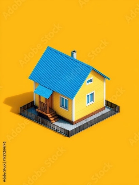 Fototapeta A small, vibrant yellow house with a blue roof sits on a bright yellow background, showcasing a simple, isometric design and a picket fence.