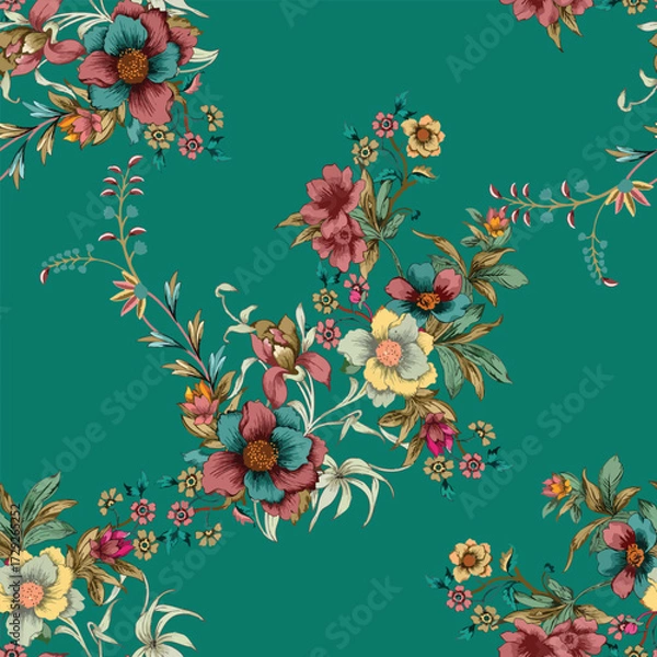 Fototapeta Seamless background pattern of lilac branches with white butterflies. Realistic lilac pattern branch with flowers and leaves on a white background. Vector.