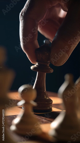 Fototapeta a human hand placing a chess pawn on a wooden chessboard, shallow depth of field