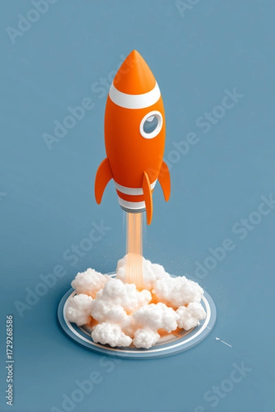 Fototapeta isometric illustration of a retro style orange rocket ship that has taken off from a simple launch pad. 