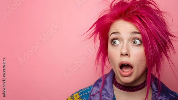 Fototapeta Shocked girl with vibrant pink hair and a distinctive fashion style, characterized by eclectic clothing and bold accessories, looking with wide eyes and an open mouth, her facial expression conveying 