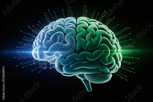 Fototapeta Digital brain illustration showcasing left and right hemispheres with connections