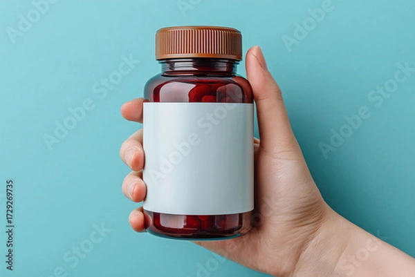 Fototapeta hand holding supplement bottle with blank label against simple backdrop