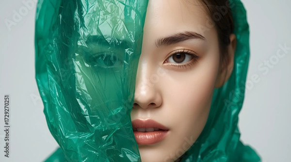 Fototapeta A woman's face with smooth, pale skin and subtle, defined features, partially obscured by a crumpled, translucent green plastic bag, her dark brown eyes and eyebrows still visible
