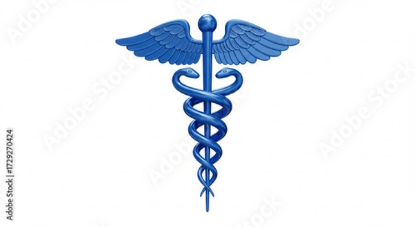 Fototapeta Metallic Caduceus medical symbol with two snakes and wings on a dark blue textured background illustration