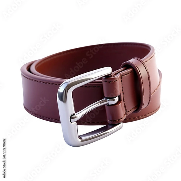 Fototapeta This  shot showcases a rolled brown leather belt with a shiny, silver-colored buckle, set against a stark black backdrop.