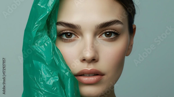 Fototapeta A woman's face with smooth, pale skin and subtle, defined features, partially obscured by a crumpled, translucent green plastic bag, her dark brown eyes and eyebrows still visible