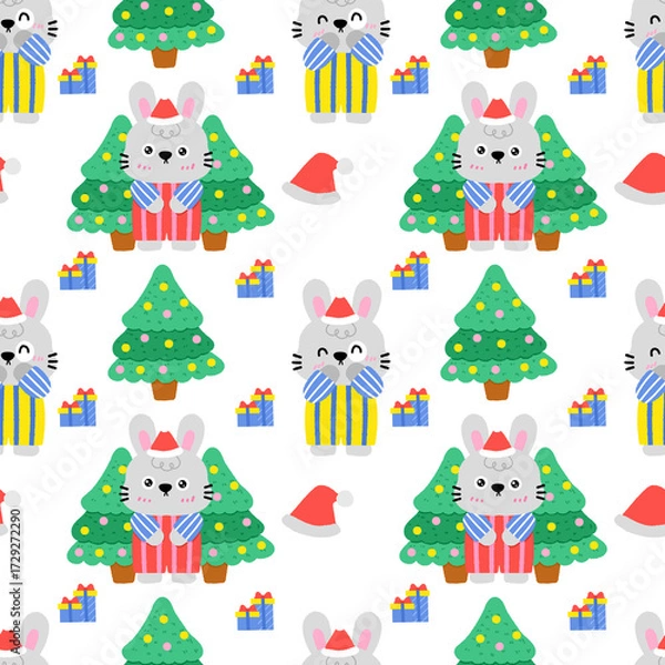 Fototapeta A pattern of rabbits and a Christmas tree