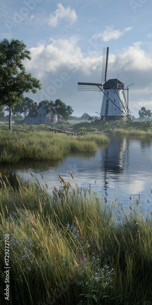 Fototapeta a windmill on the side of a body of water with grass in the foreground, and a house in the background. 