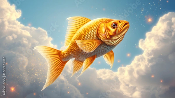 Fototapeta The majestic golden fish with iridescent scales and delicate fins, soars effortlessly through the soft, white, and puffy clouds in a bright blue sky, fulfilling both its own and others’ wishes