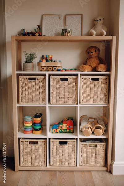 Fototapeta a set of shelves with colourful cane baskets and a bunch of toys inside