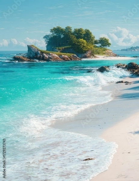 Fototapeta Tranquil turquoise waters lap gently against a small, verdant island, showcasing a serene beach scene under a bright sky.