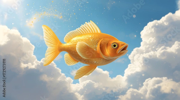 Fototapeta The majestic golden fish with iridescent scales and delicate fins, soars effortlessly through the soft, white, and puffy clouds in a bright blue sky, fulfilling both its own and others’ wishes