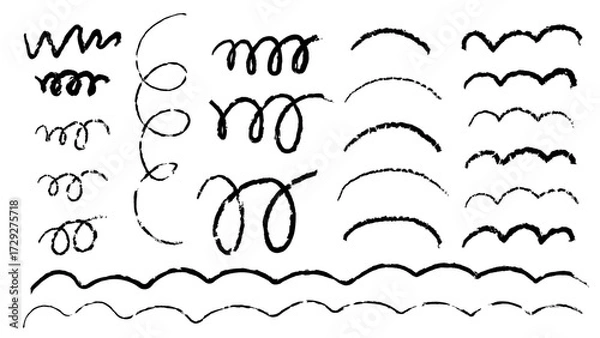 Fototapeta Crayon brush line and scribble vector. Pencil texture with underline sketch paint. Doodle highlight or thin strip border set. Abstract freehand brushstroke. Black pen squiggle and scratch kid art