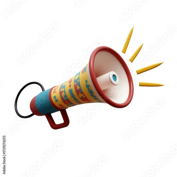 Fototapeta Vibrant, colorful, 3D-rendered illustration showcases a stylized megaphone, featuring a striking combination of red, yellow, blue, and white hues, with playful decorative elements.