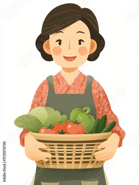 Fototapeta A friendly middle-aged Chinese woman, warm smile, wearing a simple apron, holding a traditional woven bamboo basket filled with fresh vegetables