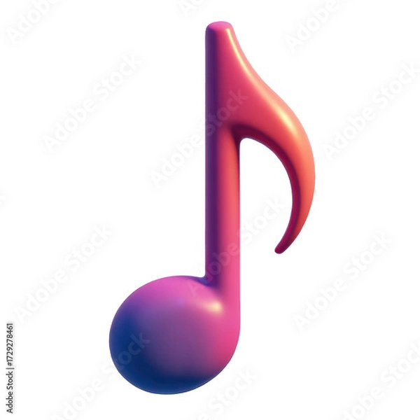 Fototapeta A stylized musical note, rendered in a three-dimensional format, exhibits a vibrant gradient of pink and blue hues against a stark black background, showcasing artistic design and visual appeal,...