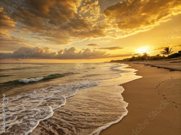 Obraz Sunset Beach Scene with Palm Trees, Footprints, and Ocean Waves Ai-Generated