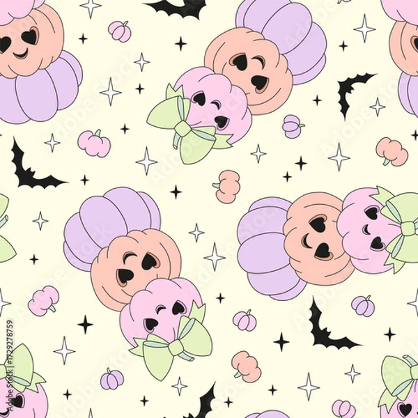 Fototapeta Preppy Coquette Pastel Halloween Pumpkin Seamless Pattern. Cute Girly Spooky Pumpkin Background for Print and Fabric