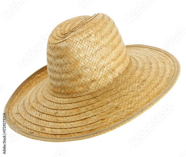 Fototapeta Rustic straw hat with a wide brim, woven texture and natural beige tone, summer accessory isolated on white background. PNG