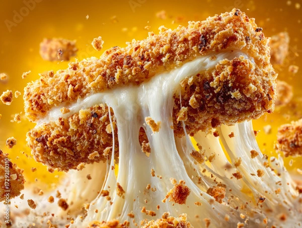 Fototapeta Crispy fried mozzarella sticks with melted cheese pulling apart, symbolizing snack, fast food, appetite, delicious taste, and comfort eating. 
