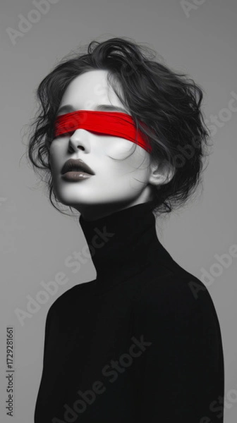 Obraz Black-and-white artistic portrait of a woman, high fashion, minimalism. The woman wears a black turtleneck with a high collar, her hair slightly messy