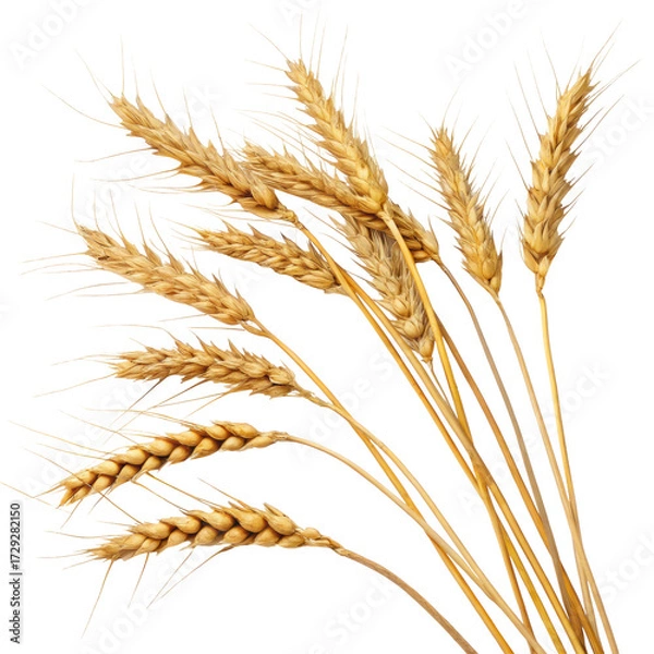 Fototapeta Multiple stalks of ripe wheat placed in a neat cluster, agricultural harvest isolated on white background. PNG