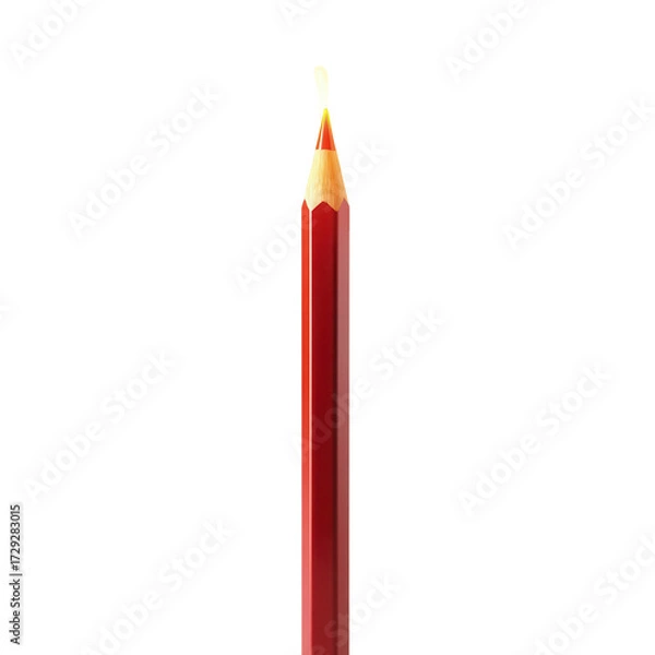 Fototapeta Burning pencil with a red body and a burning yellow tip, positioned vertically against a plain, black background.