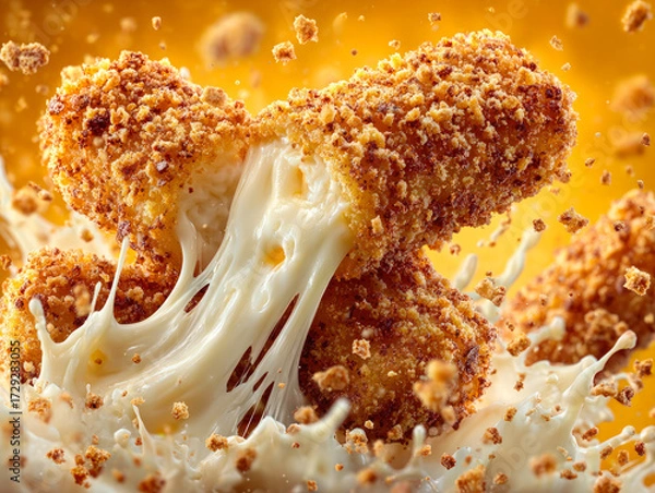 Fototapeta Close-up of crispy fried mozzarella sticks with melted cheese stretching, symbolizing fast food, snack, indulgence, and delicious comfort eating. 
