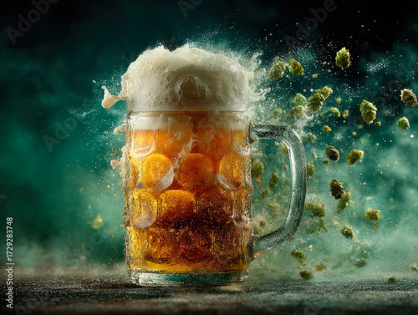 Fototapeta Frothy mug of beer with hops and bubbles exploding around, symbolizing brewing, alcohol, refreshment, celebration, and traditional beverage culture. 
