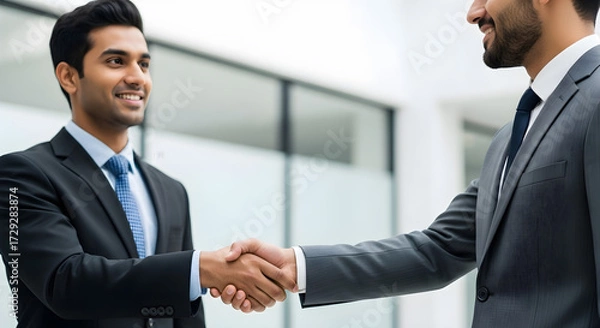 Obraz Two businessmen shaking hands to close a deal in office