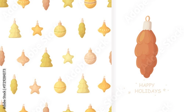 Fototapeta Christmas ornaments seamless pattern. Xmas balls, stars, trees on a white background and pine cone design element. Merry Christmas vector illustration.