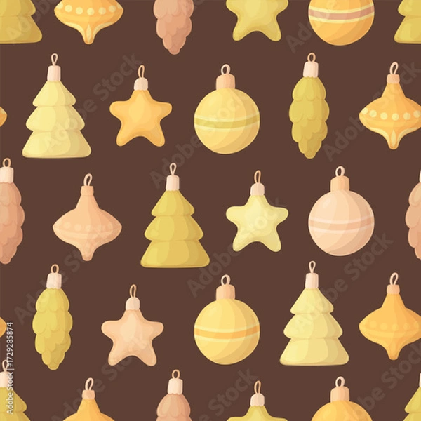 Fototapeta Christmas ornaments on a dark background seamless pattern. Xmas balls, stars, fir trees and cones. Festive vector illustration.