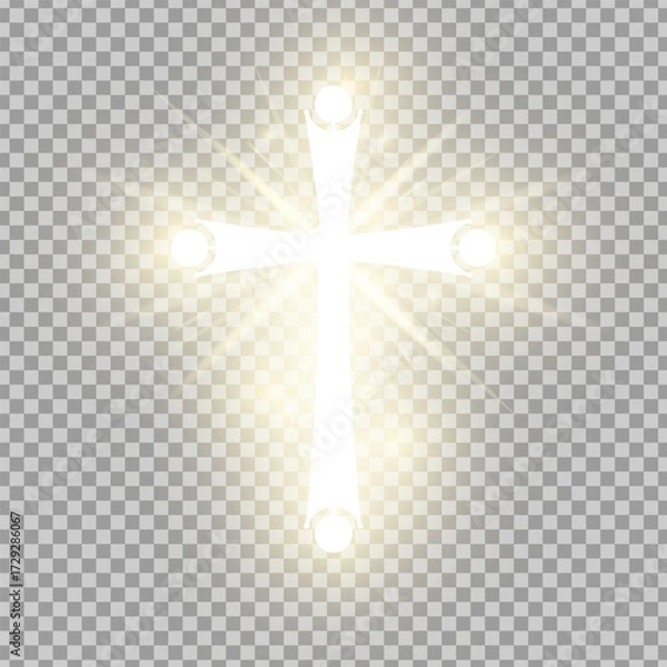 Fototapeta Shining gold Catholic cross isolated on transparent background. Riligious symbol. Glowing Saint cross. Easter and Christmas sign. Vector illustration