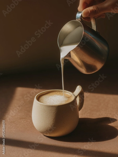 Fototapeta A close-up shot of a creamy coffee being prepared. A hand is pouring frothed milk from a stainless steel pitcher into a beige ceramic mug with a unique, curved handle.