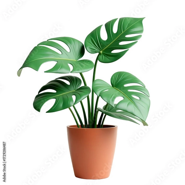 Fototapeta Lush green Monstera plant with large, split leaves in an orange terracotta pot sits isolated against a stark black background, creating a striking visual of freshness and indoor decor.