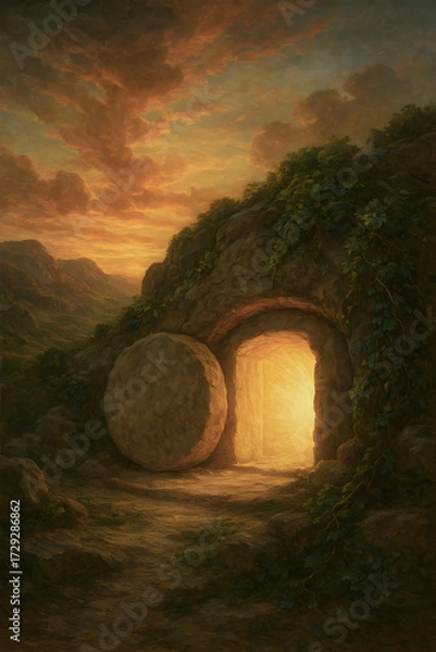 Fototapeta The Empty Tomb at Sunset: A Testament to Triumphant Hope