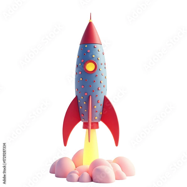 Fototapeta Playful illustration showcases a whimsical rocket ship design with vibrant colors, a rounded body, and retro aesthetic, launching on a dark backdrop, with fluffy pink clouds at the base and a bright