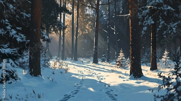Obraz Sunlit Snow Path through a Winter Forest