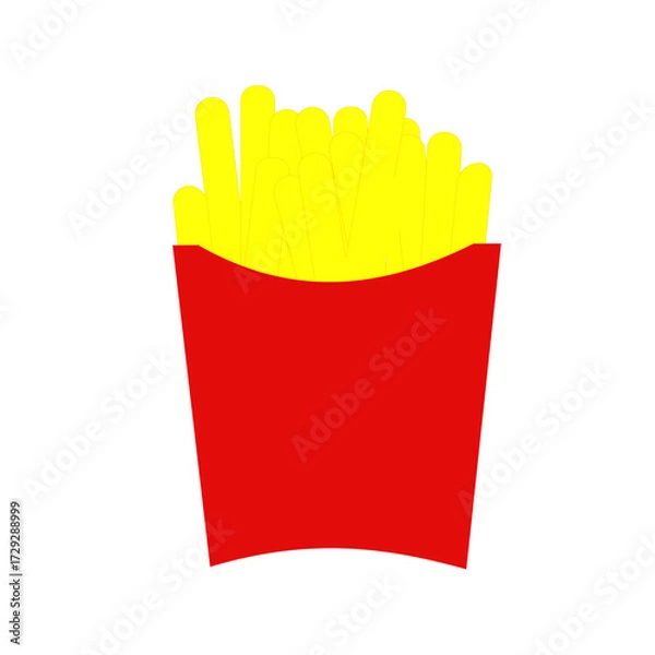 Fototapeta A simple, flat vector illustration of golden yellow french fries in a classic red carton. This minimalist icon represents fast food