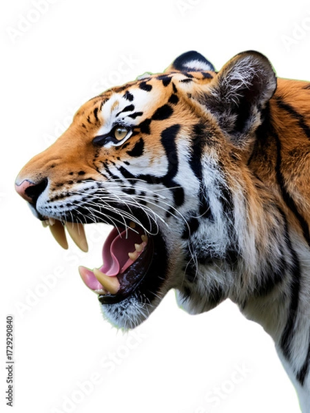 Fototapeta Fierce bengal tiger roaring with sharp teeth and intense gaze isolated on transparent background