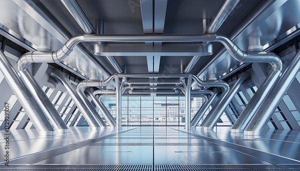 Fototapeta Futuristic metallic corridor with exposed pipes and steel beams reflecting cool blue tones modern industrial architecture with sleek symmetry and expansive windows framing a cityscape