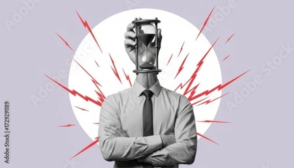 Fototapeta Time's passage: A stylized depiction of a professional person, the head replaced by an hourglass.
