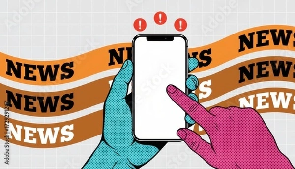Fototapeta Breaking News at Fingertips: A modern phone showcasing incoming news flashes across a stylized background, symbolized of instant digital information access.