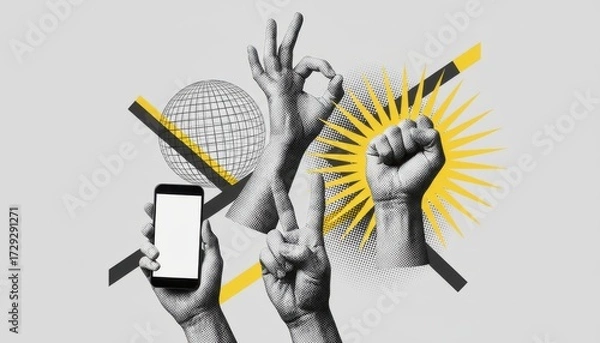 Fototapeta Hands in Action: A collage showcases hands in various dynamic gestures, each conveying distinct messages. The image's monochrome palette, punctuated by a pop of yellow.