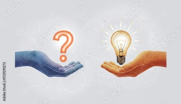Fototapeta Question and Innovation: The image portrays two hands, one holding a question mark, the other a glowing light bulb.